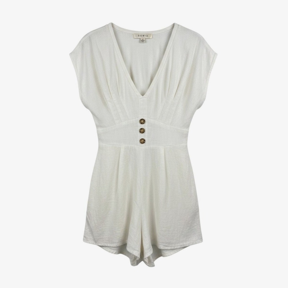 Row A Romper Womens White V-Neck Faux Button Linen Blend Excellent Size S